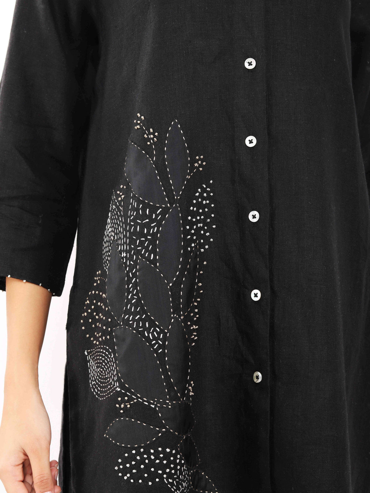 Black Zari Leaf Embroidered Shirt