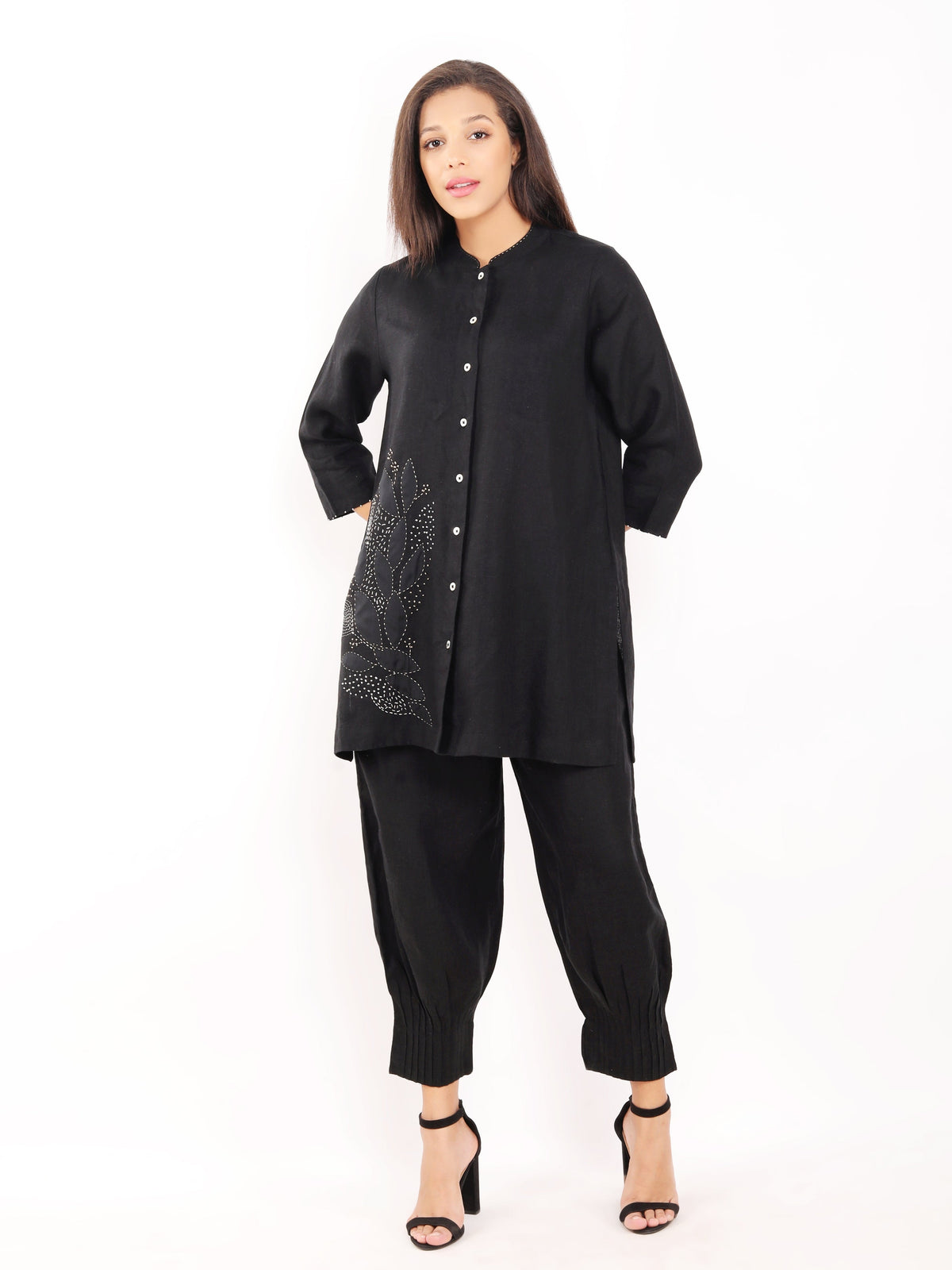 Black Zari Leaf Embroidered Shirt