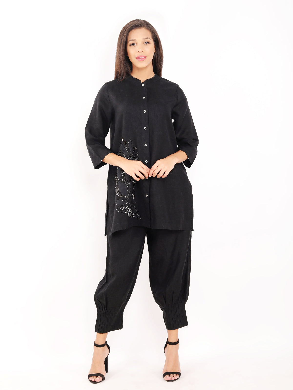 Black Zari Leaf Embroidered Shirt
