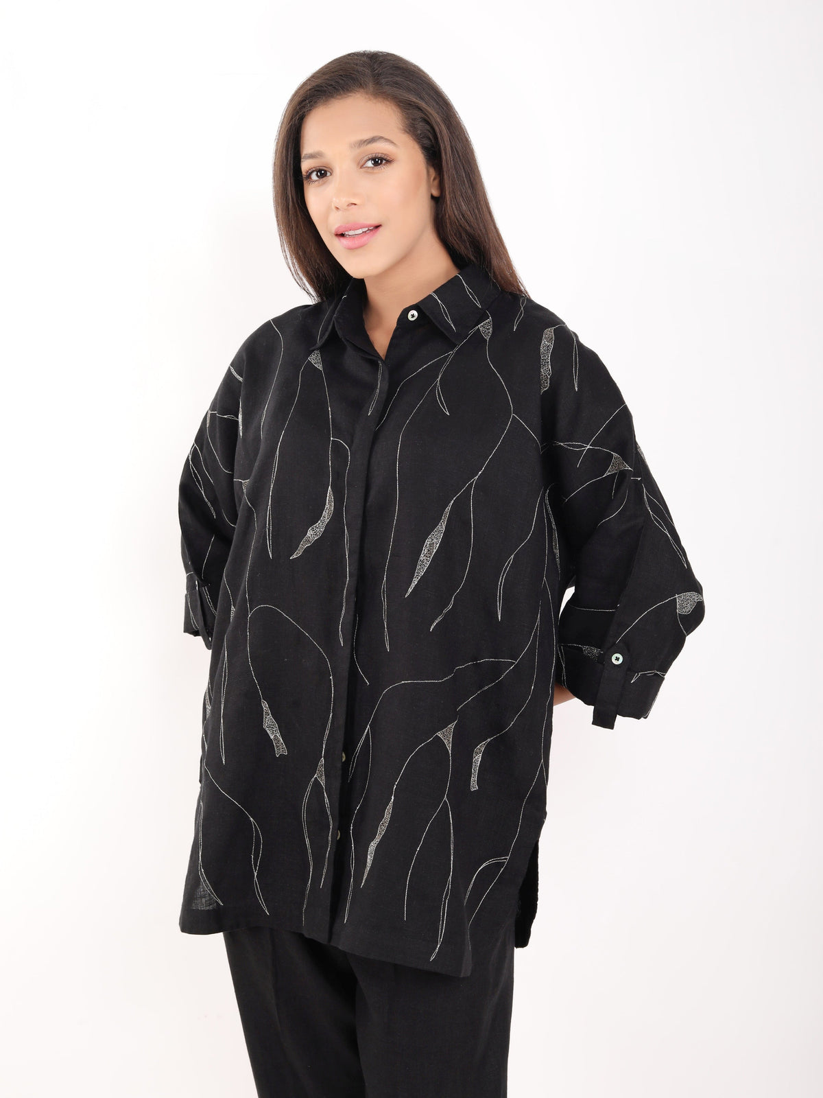 Black Zaril All Over Embroidered Big Shirt
