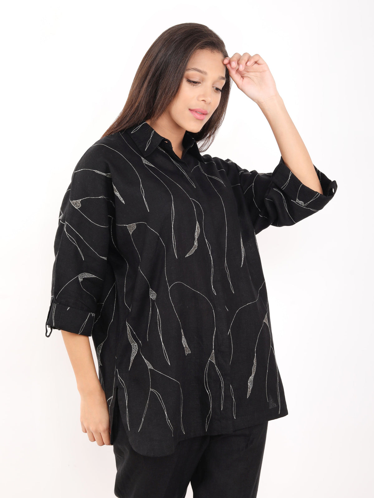 Black Zaril All Over Embroidered Big Shirt