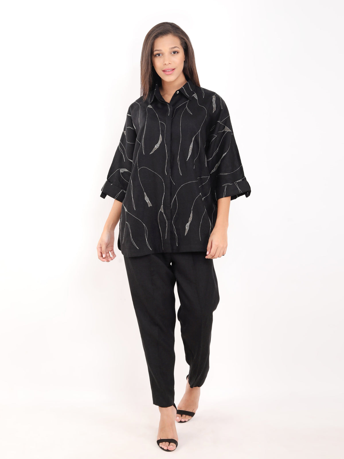 Black Zaril All Over Embroidered Big Shirt