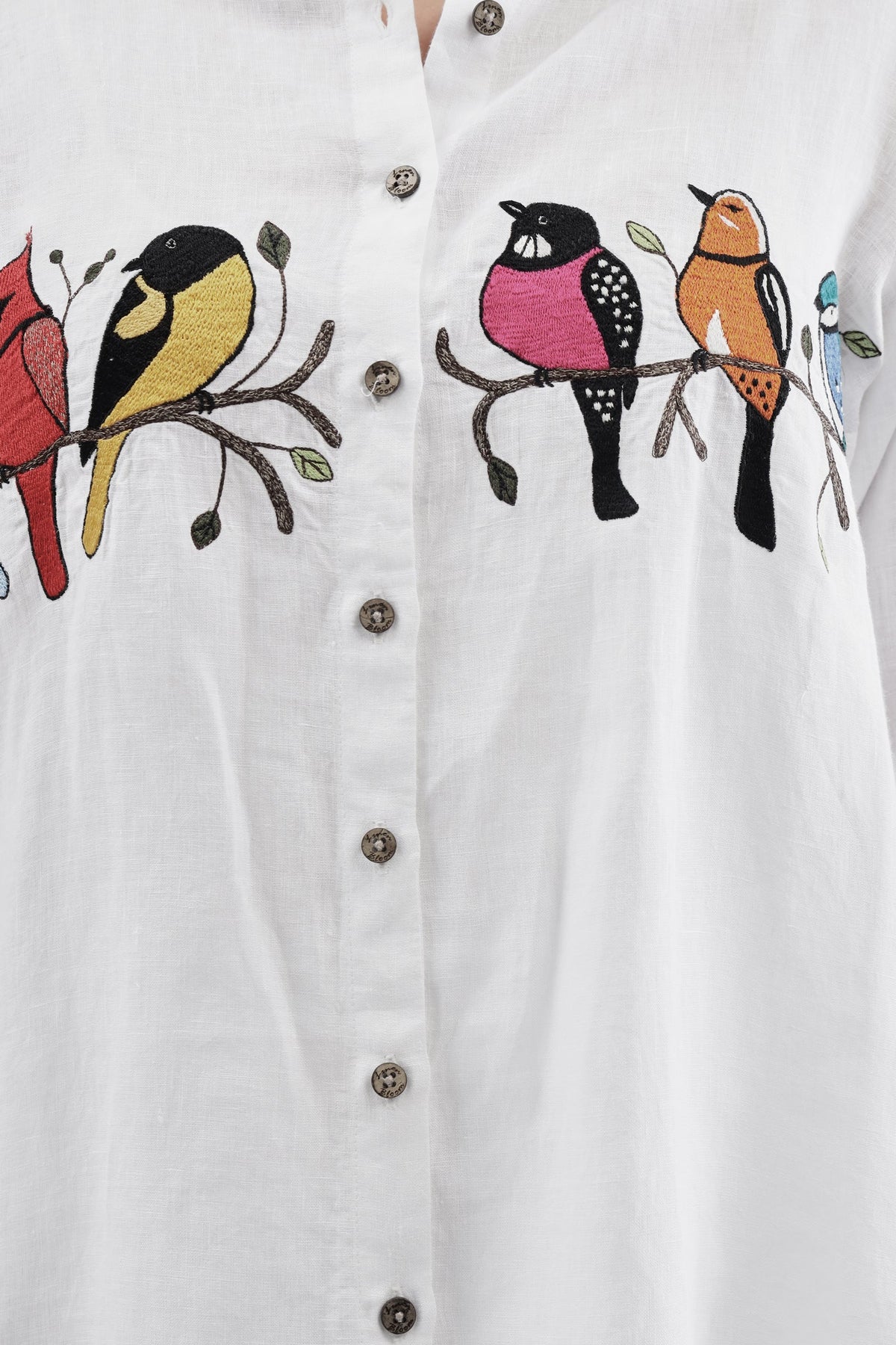 White Shirt with Colorful Bird Embroidary