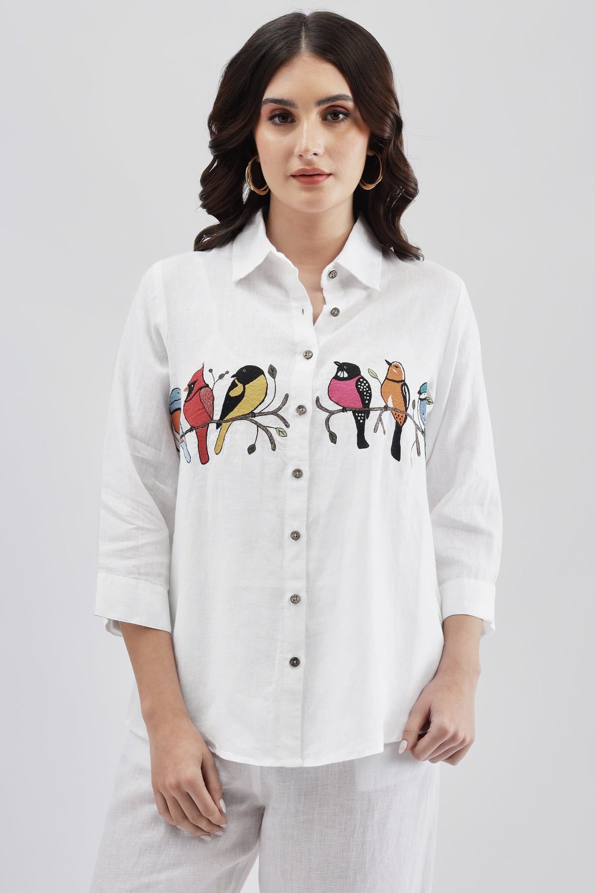 White Shirt with Colorful Bird Embroidary