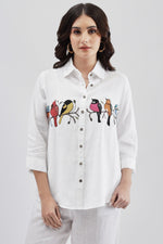 White Shirt with Colorful Bird Embroidary