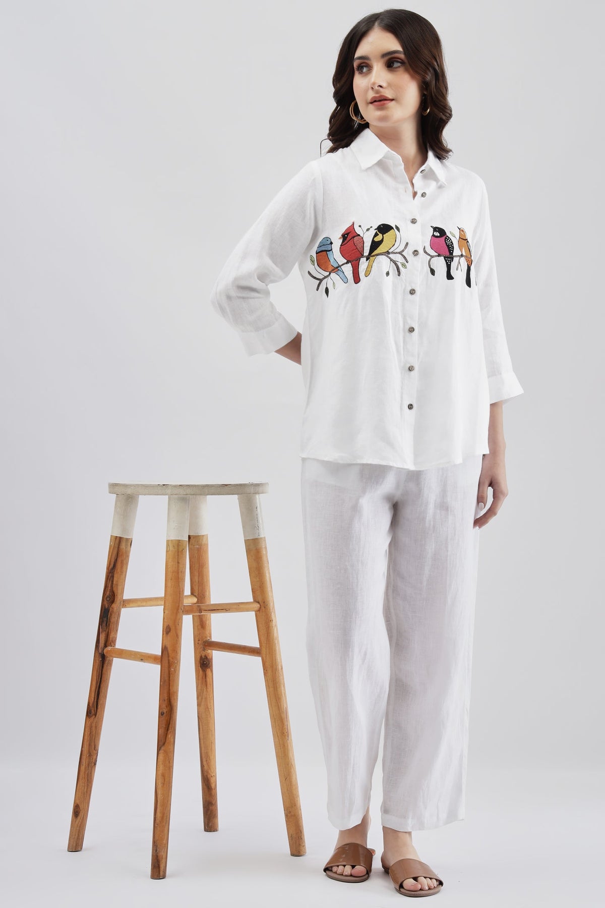 White Shirt with Colorful Bird Embroidary