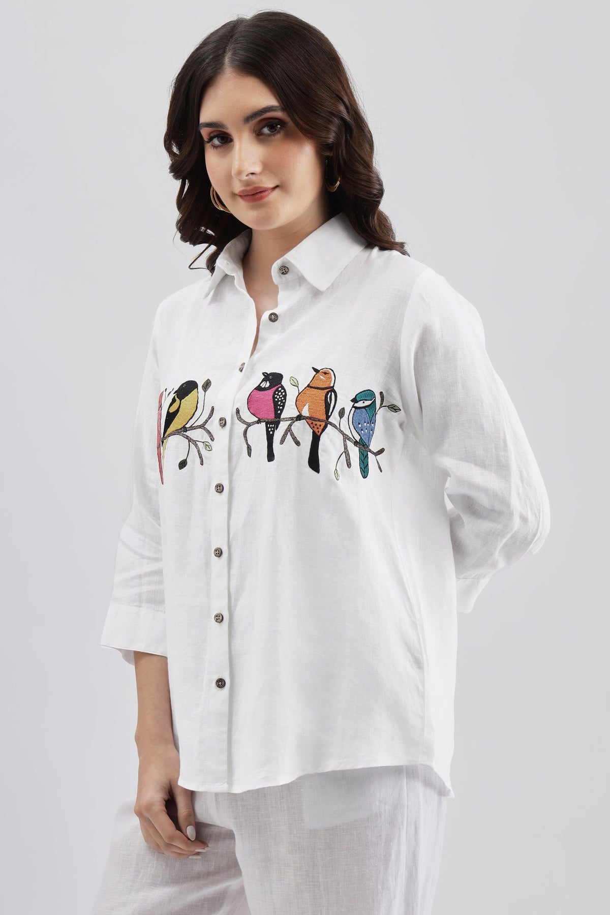 White Shirt with Colorful Bird Embroidary