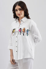 White Shirt with Colorful Bird Embroidary