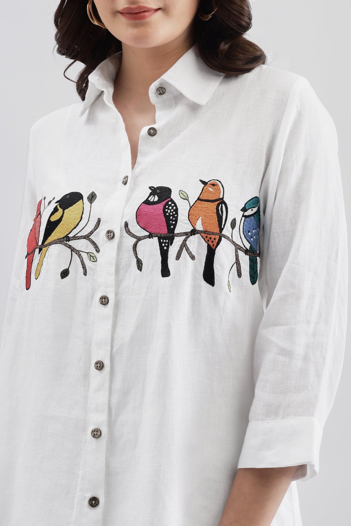 White Shirt with Colorful Bird Embroidary