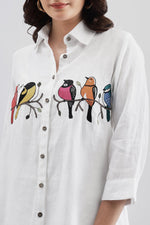 White Shirt with Colorful Bird Embroidary