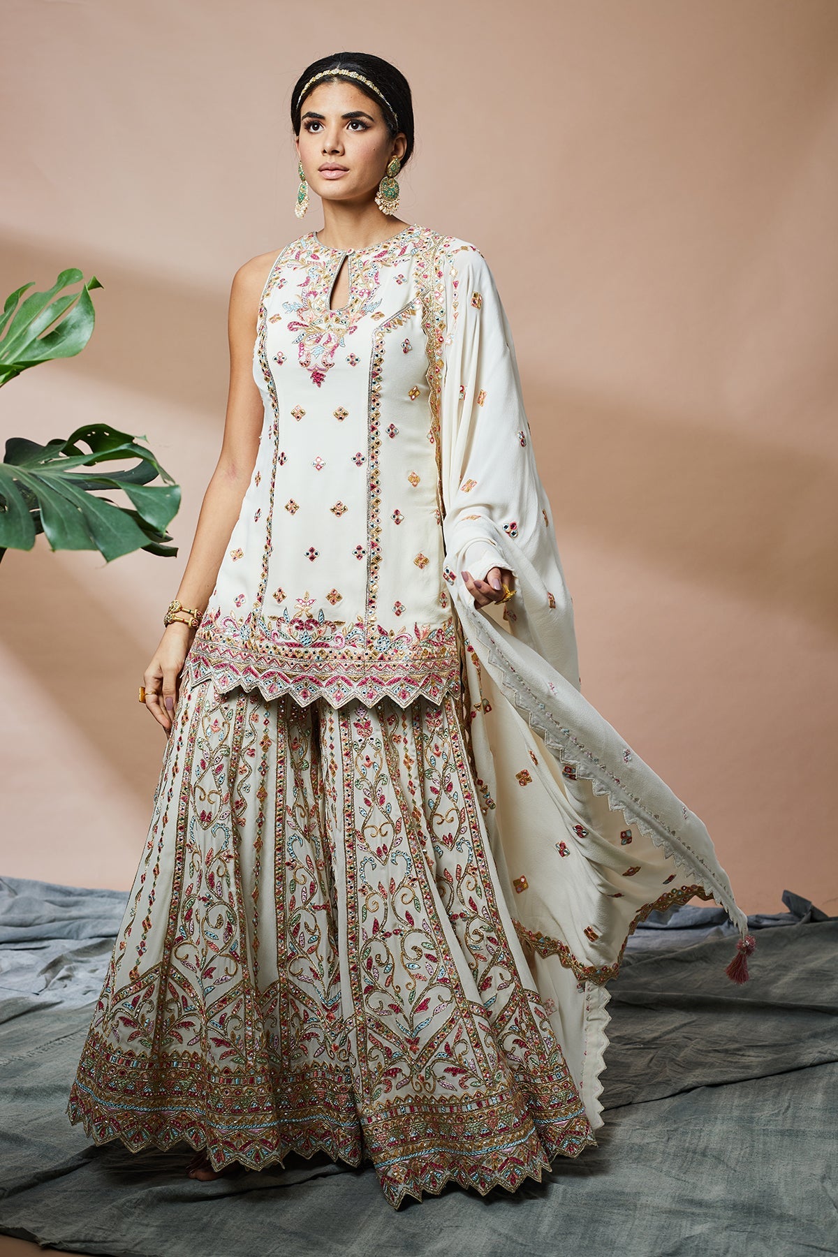 Ivory Georgette Incut Kurta With Sharara