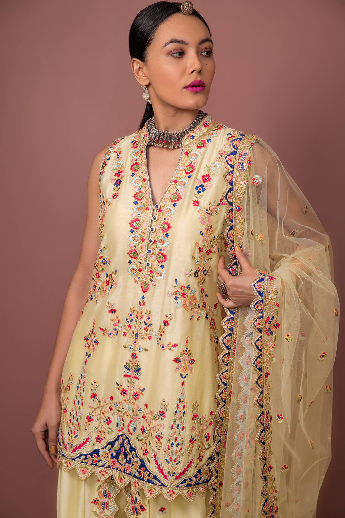 Yellow Chanderi Kurta With Dhoti Set