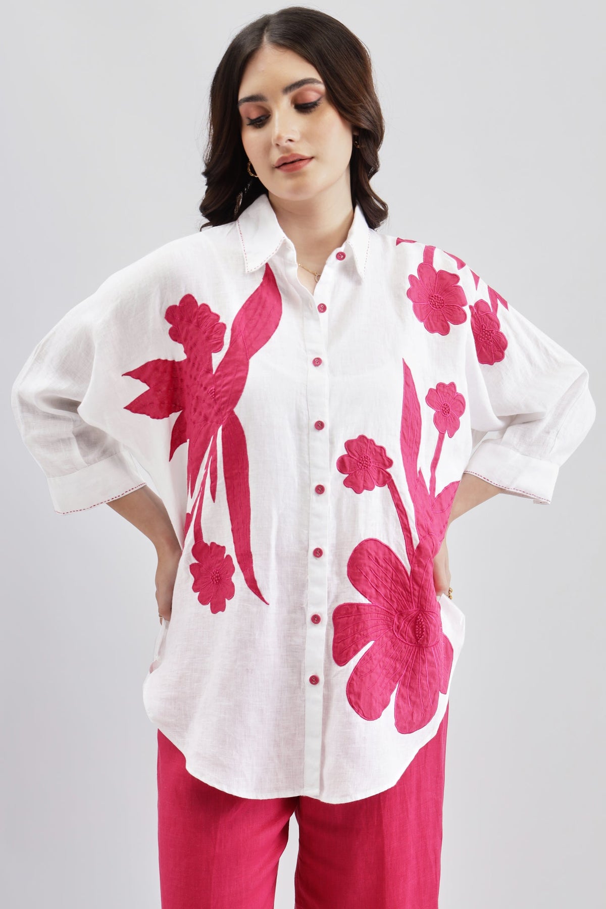 White Big Shirt With Fuschia Embroidery
