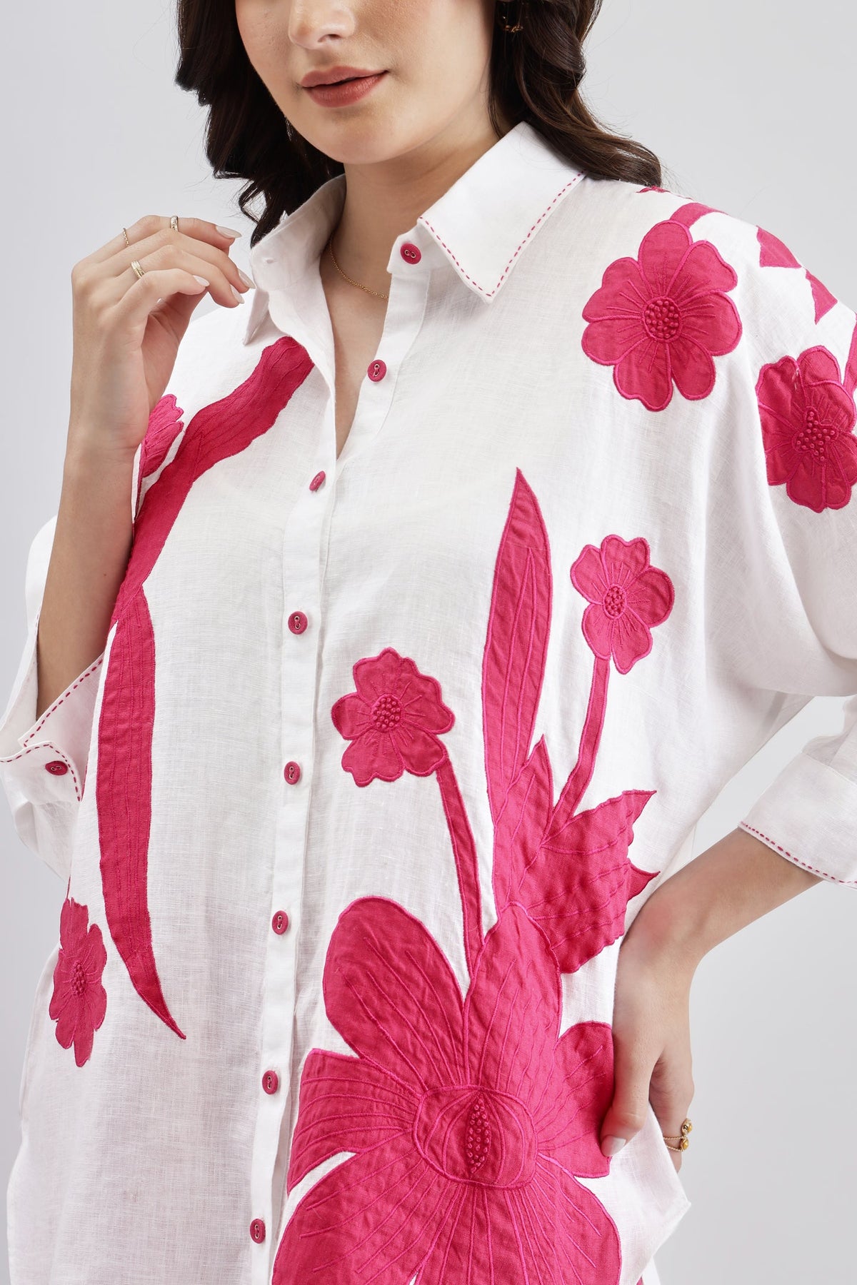 White Big Shirt With Fuschia Embroidery