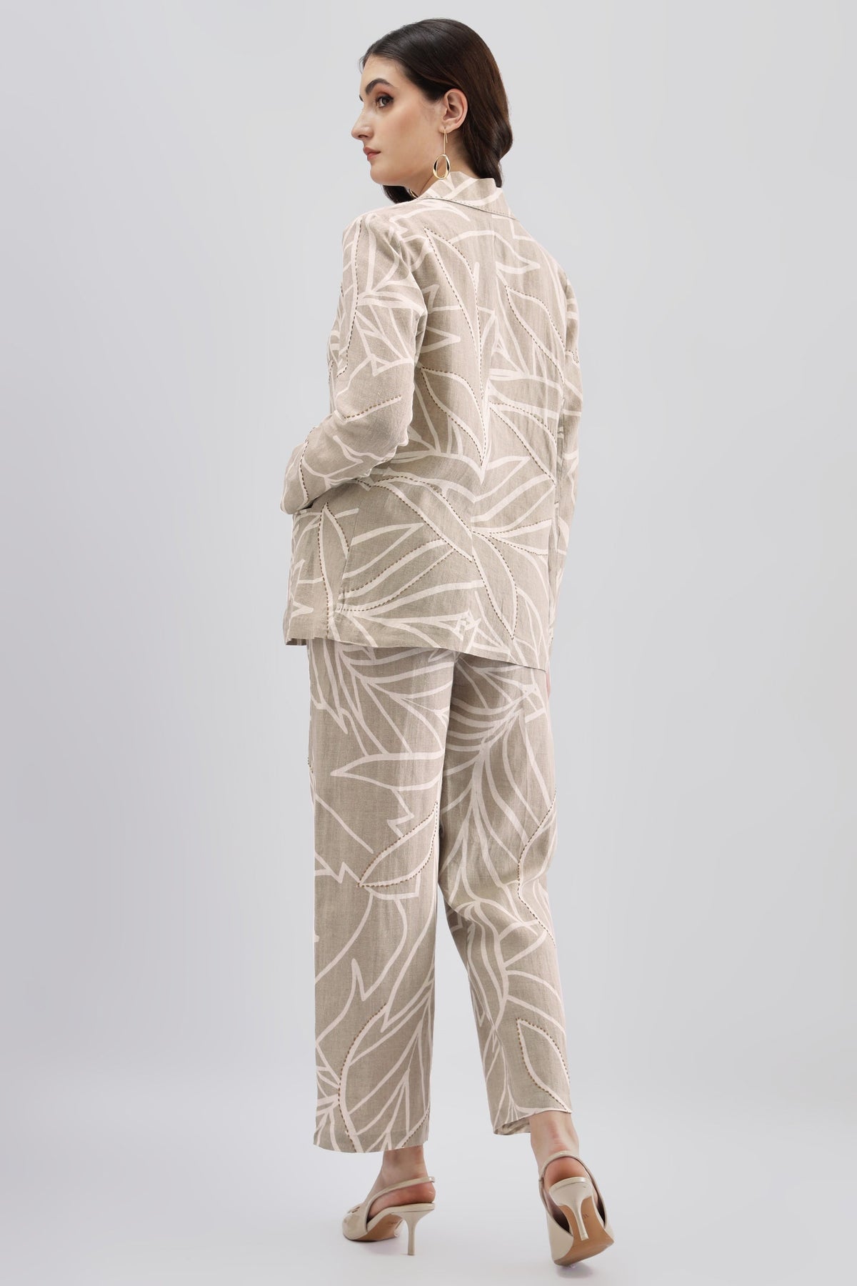Beige Printed Kantha Work Blazer And Pants