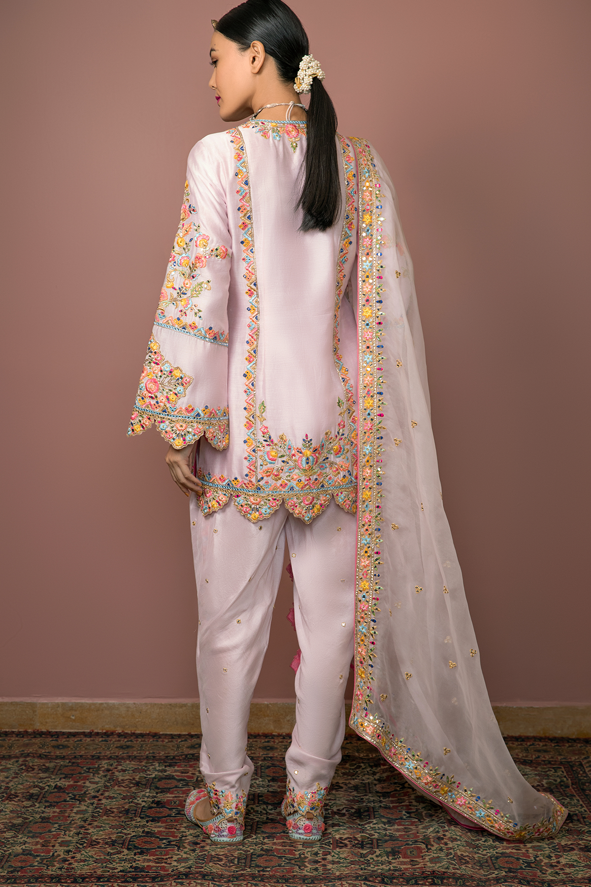 Pink Chanderi Kurta With Dhoti Set