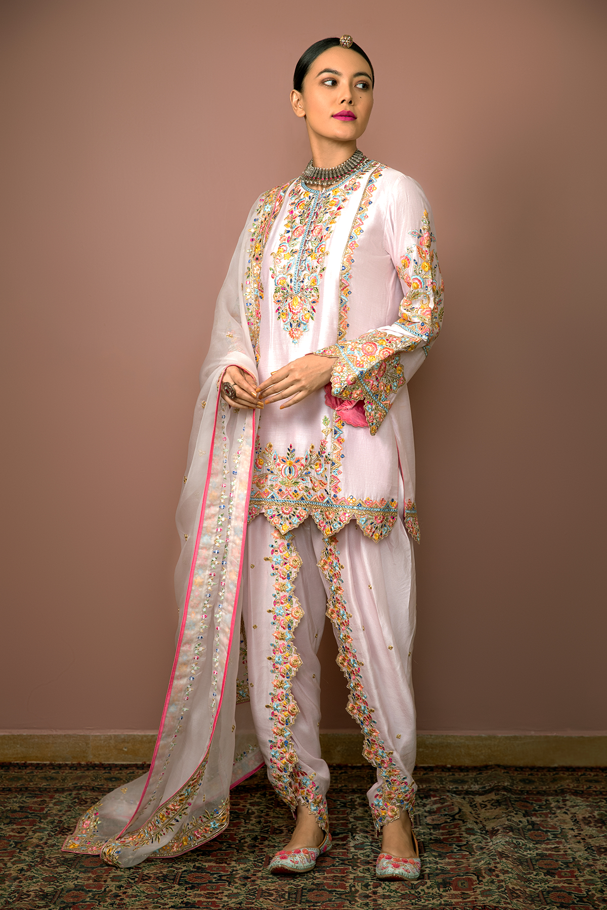 Pink Chanderi Kurta With Dhoti Set