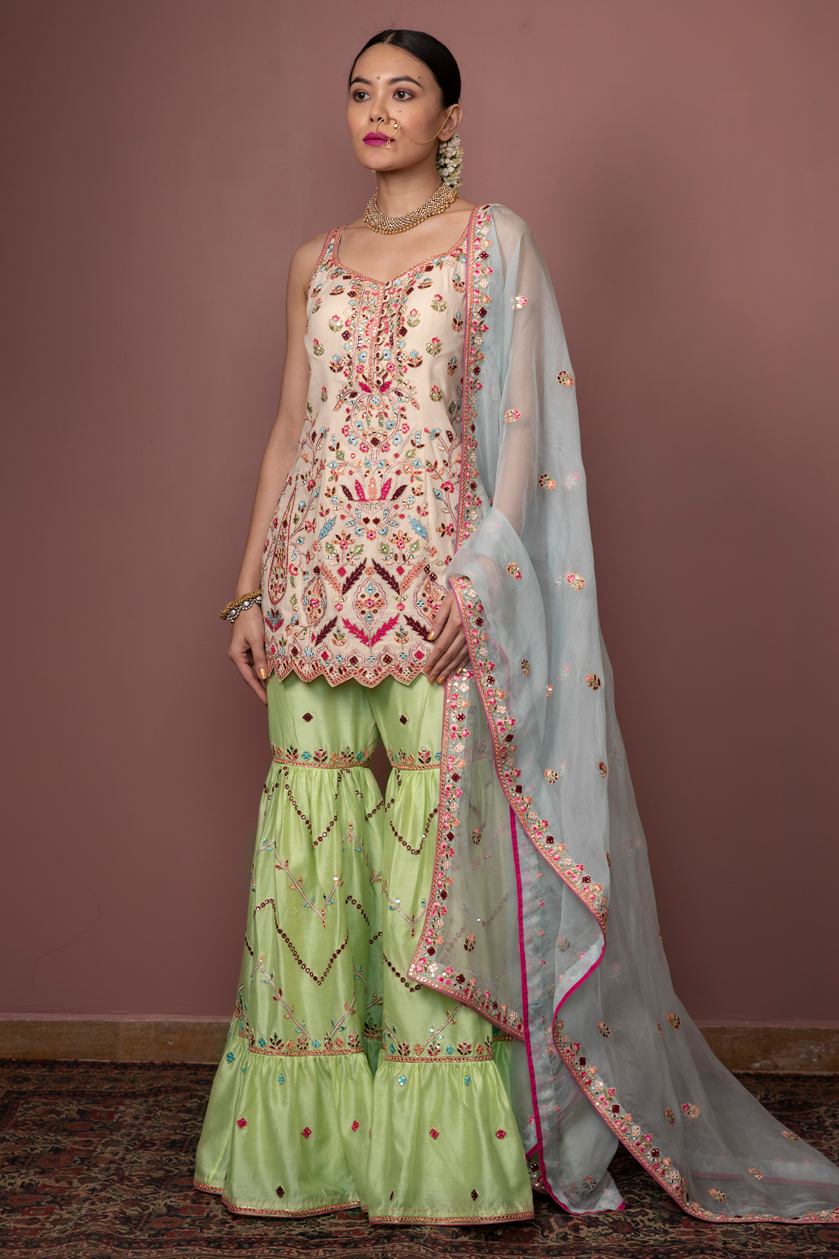 Ivory Kurta,Green Gharara Set
