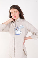 Beige Blue Swan Embroidery Shirt