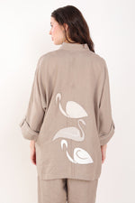 Khakhi Big Shirt With Flamingo Ebroidery