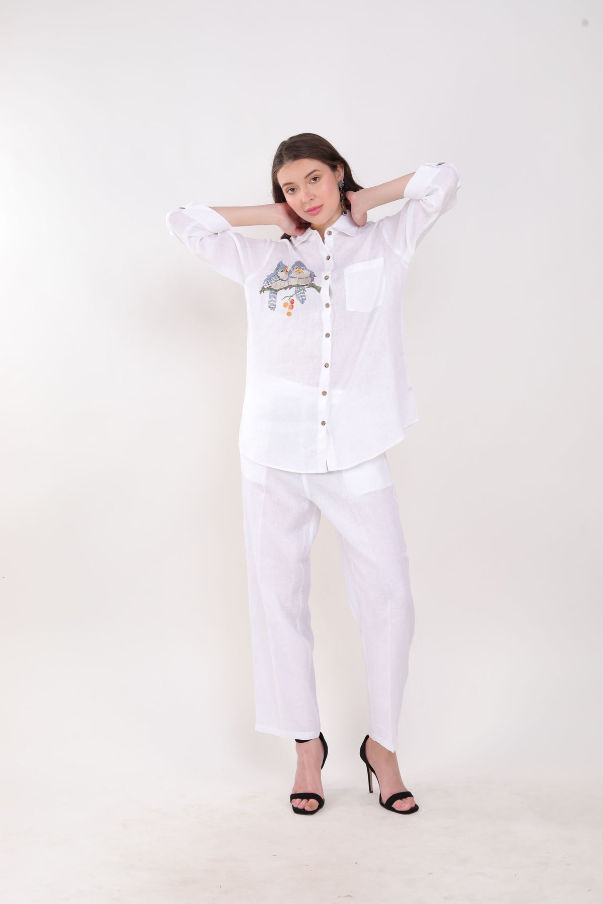 White Shirt Blue Bird Embroidery