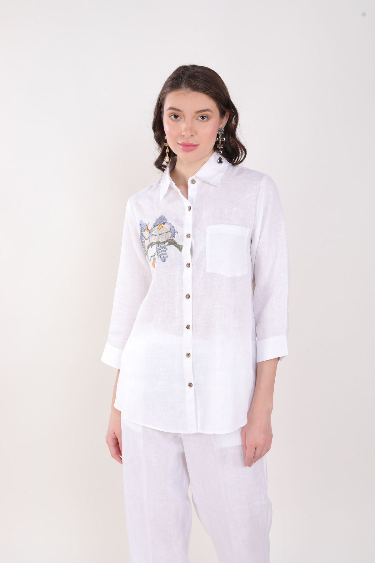 White Shirt Blue Bird Embroidery