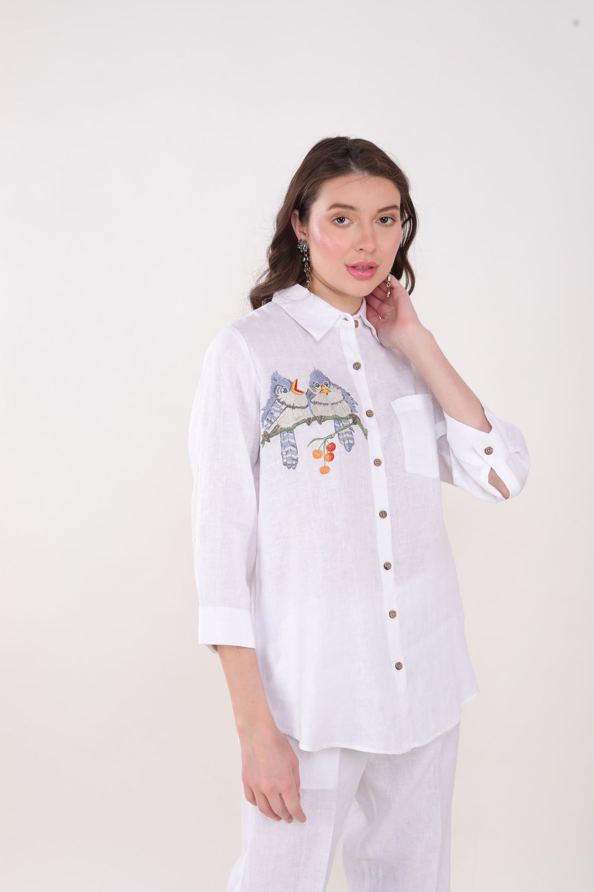 White Shirt Blue Bird Embroidery