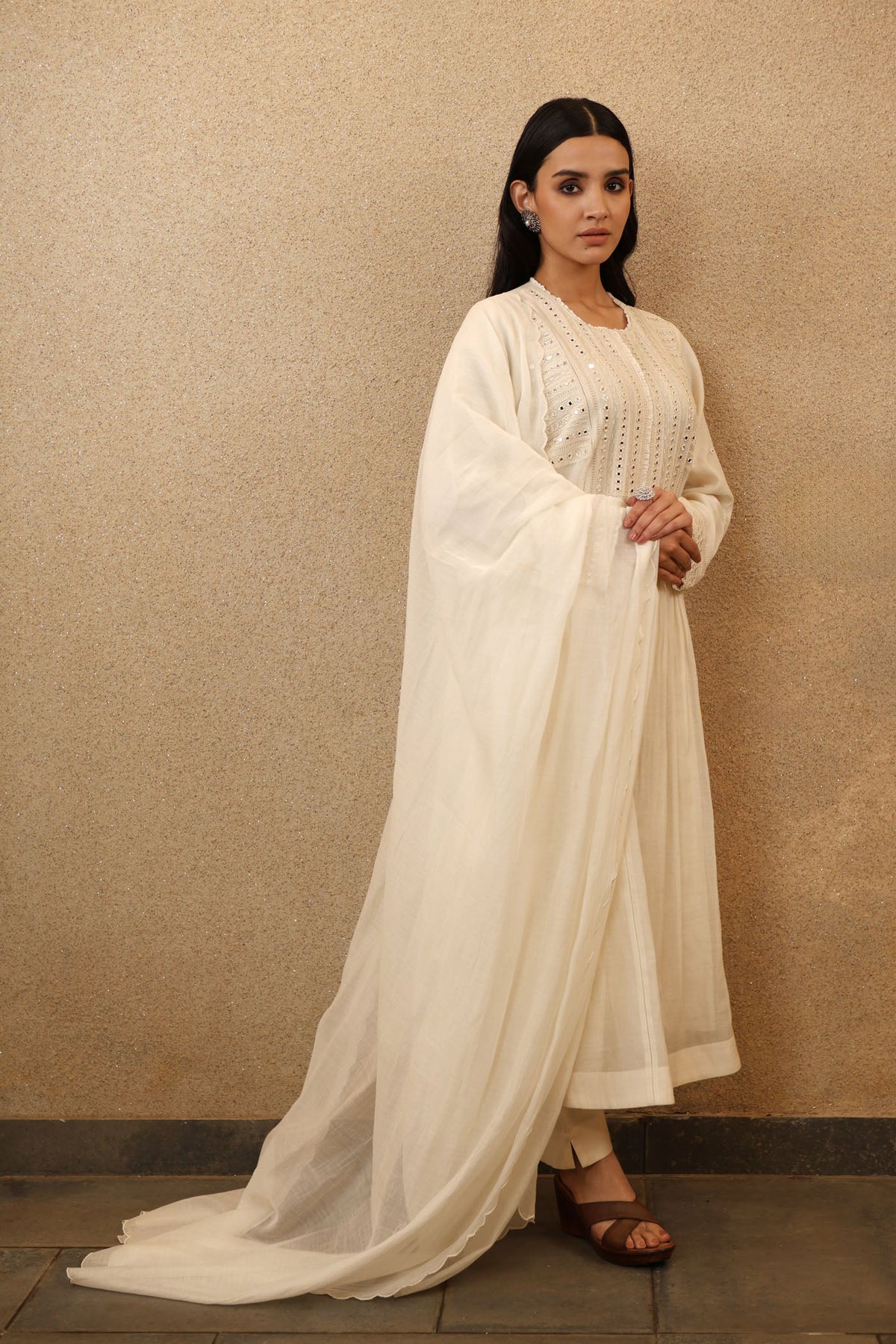 Ivory Pure Silk-Cotton Mirror-Work Kurta-Pants Set