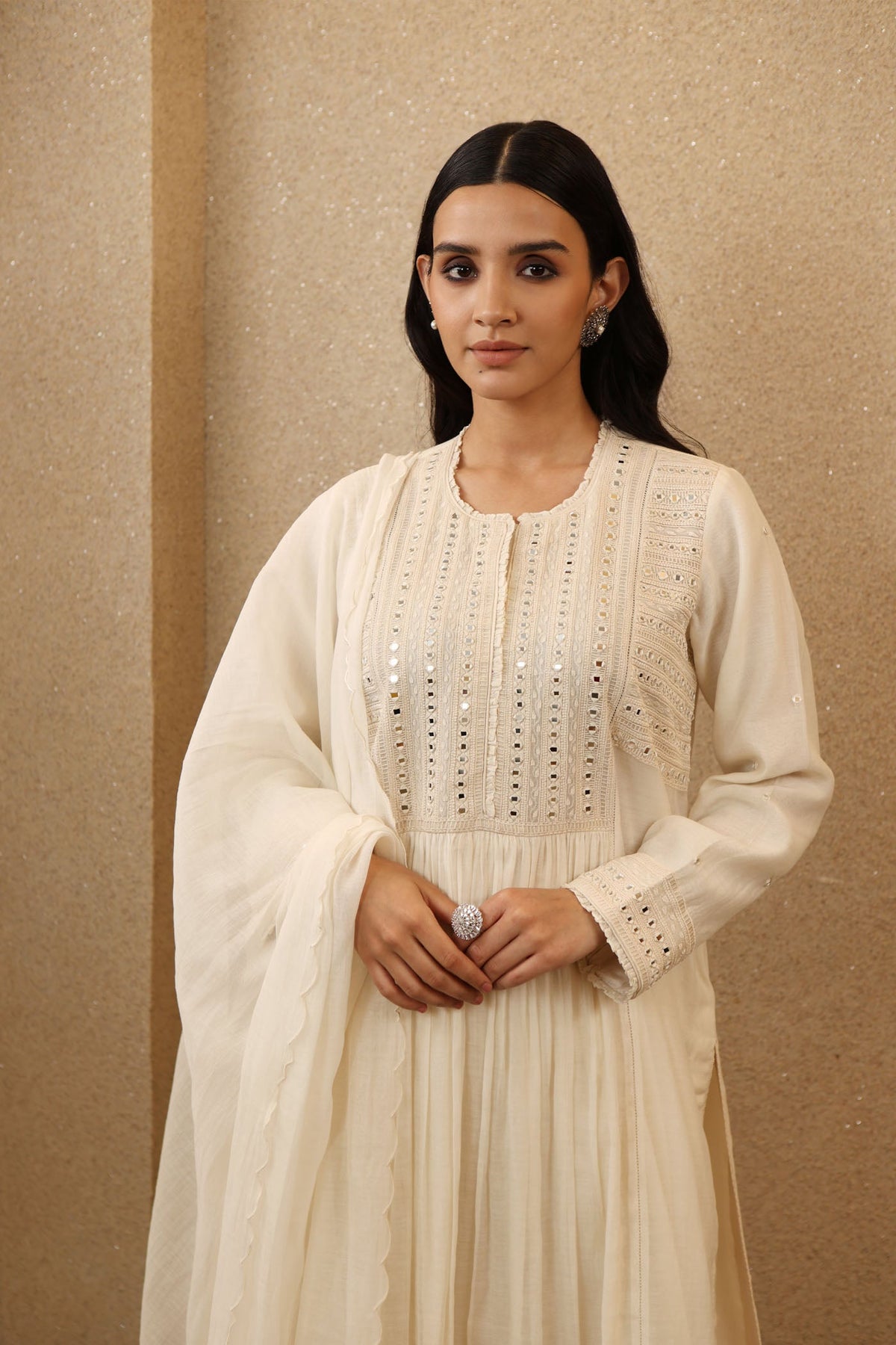 Ivory Pure Silk-Cotton Mirror-Work Kurta-Pants Set