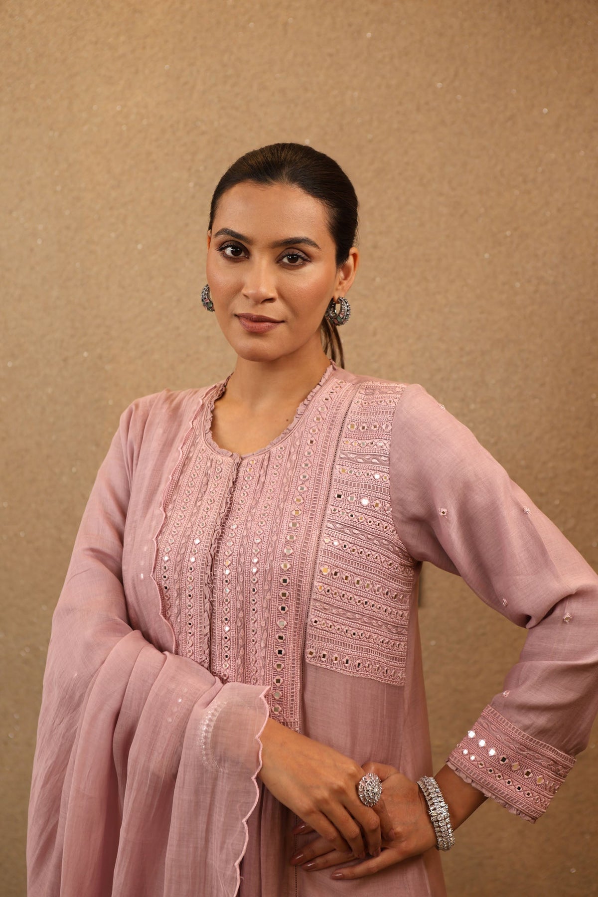 Lavender Pure Silk-Cotton Mirror-Work Kurta- Pants Set