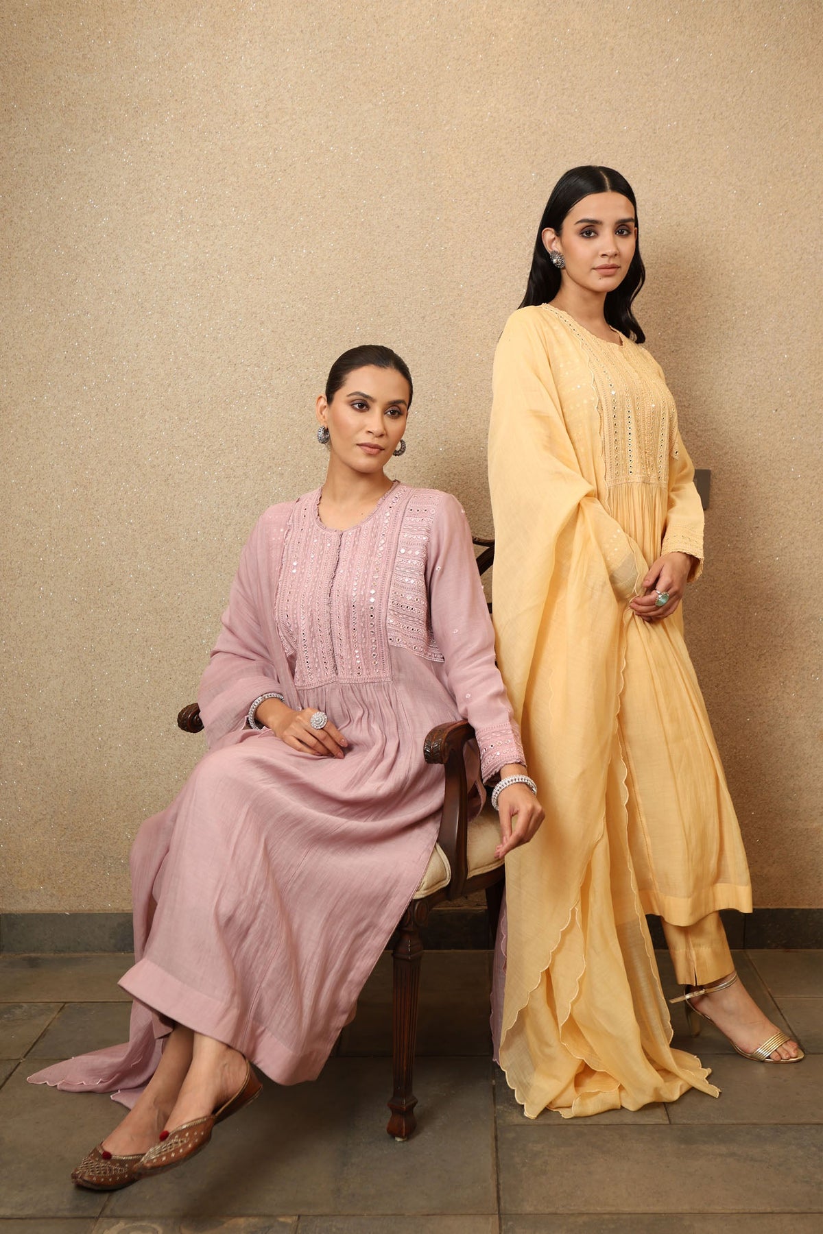Pastel Yellow Pure Silk-Cotton Mirror-Work Kurta-Pants Set