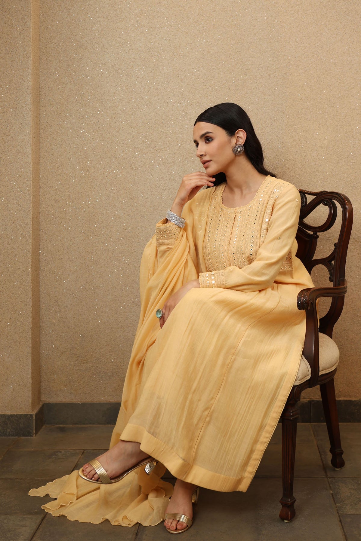 Pastel Yellow Pure Silk-Cotton Mirror-Work Kurta-Pants Set