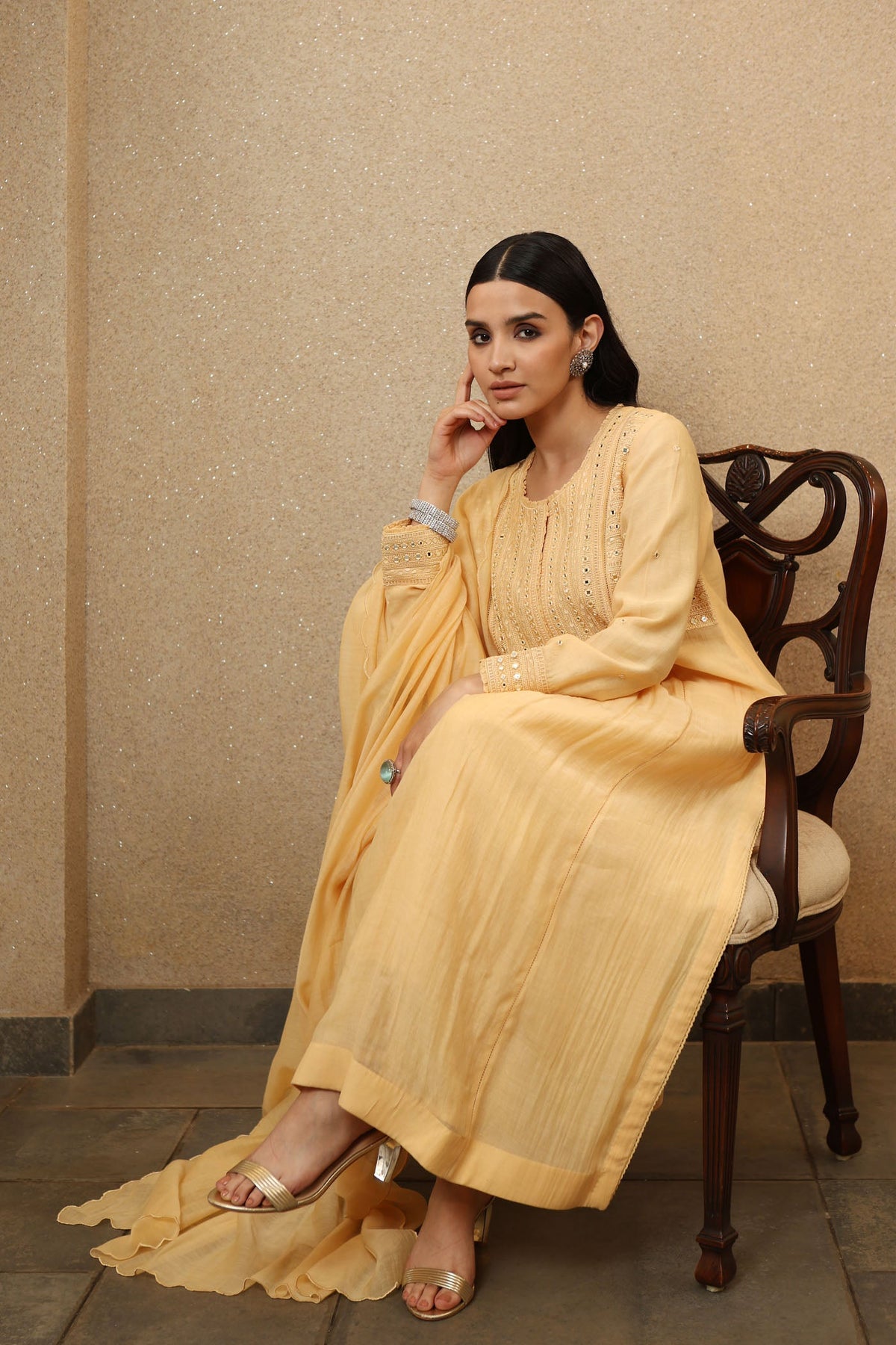 Pastel Yellow Pure Silk-Cotton Mirror-Work Kurta-Pants Set