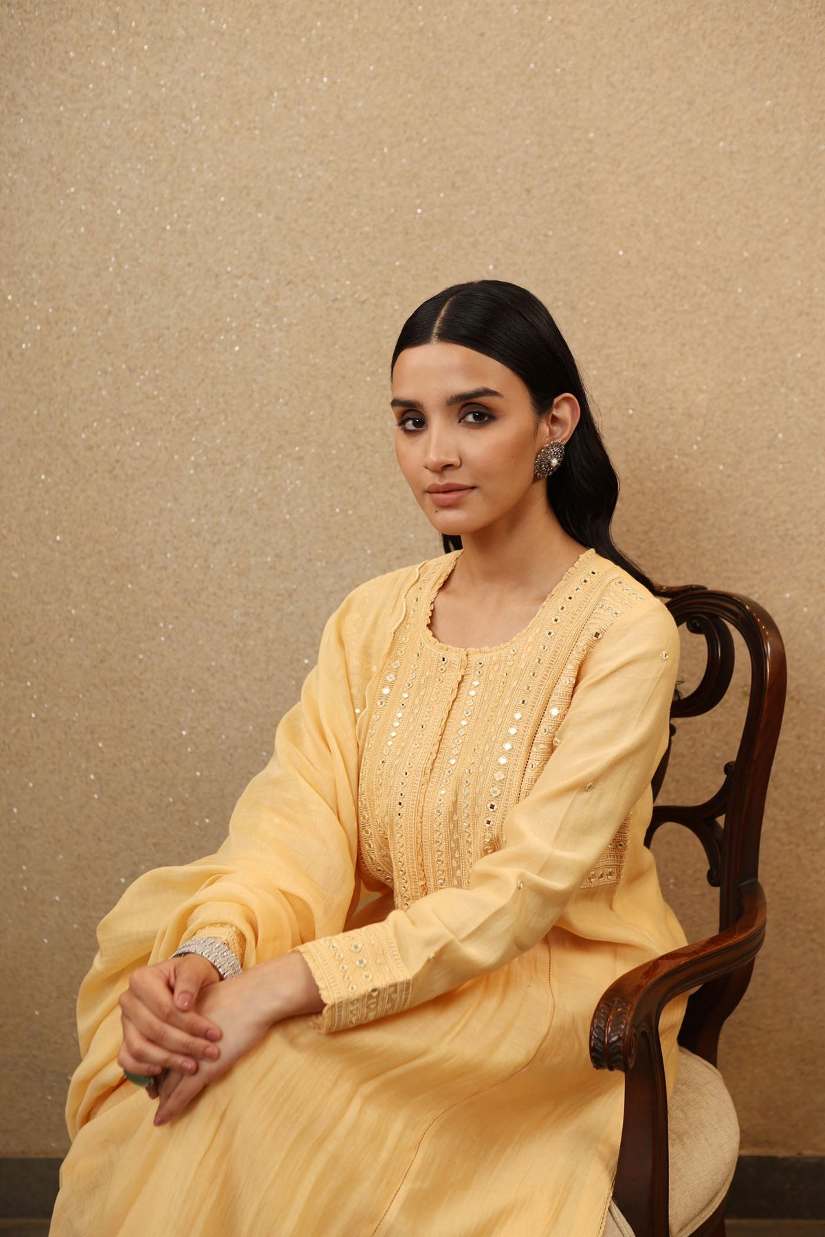 Pastel Yellow Pure Silk-Cotton Mirror-Work Kurta-Pants Set