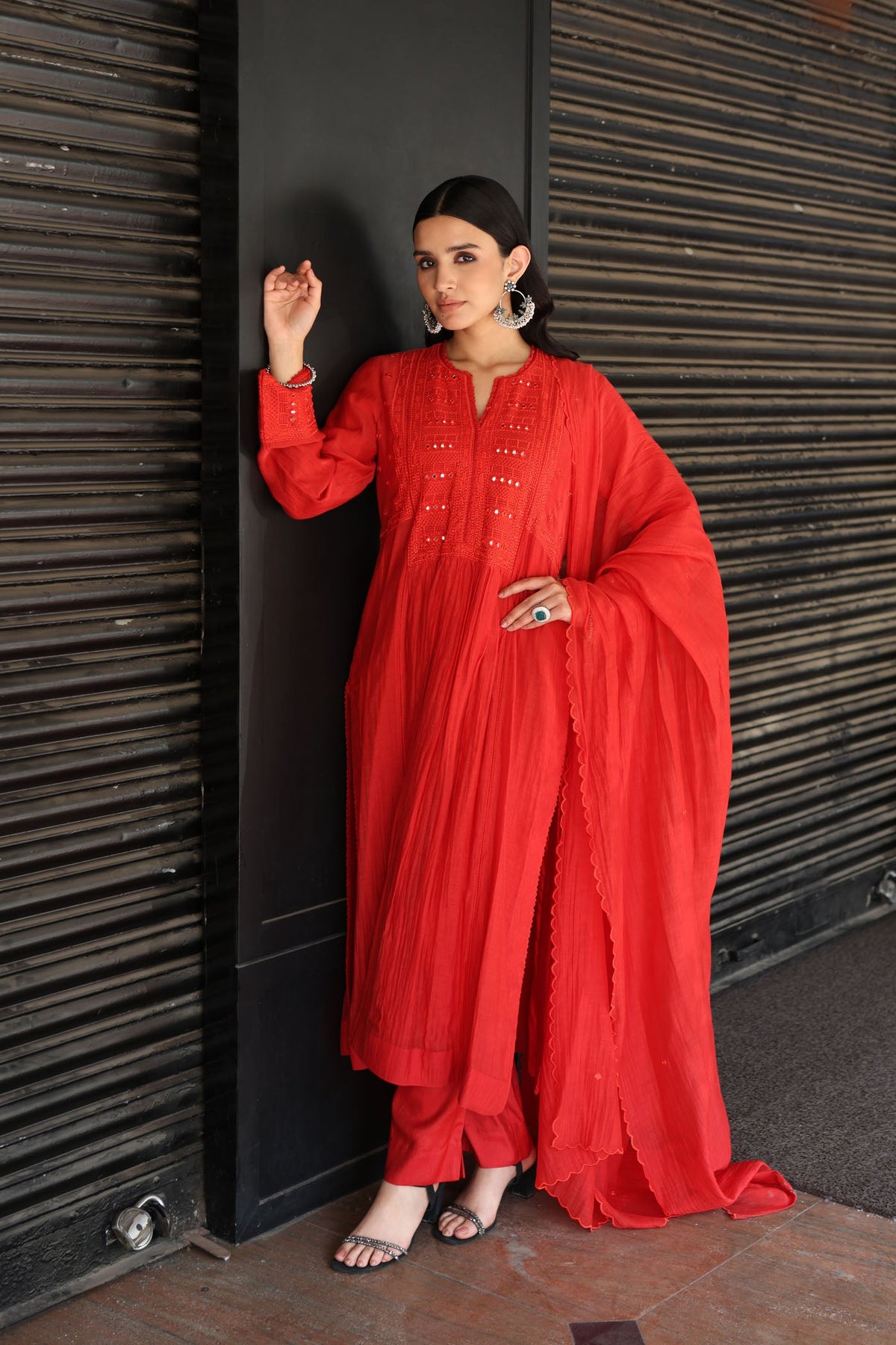 Tomato-Red Embroidered Pure Silk-Cotton Kurta-Pants Set