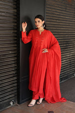 Tomato-Red Embroidered Pure Silk-Cotton Kurta-Pants Set