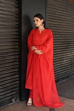 Tomato-Red Embroidered Pure Silk-Cotton Kurta-Pants Set