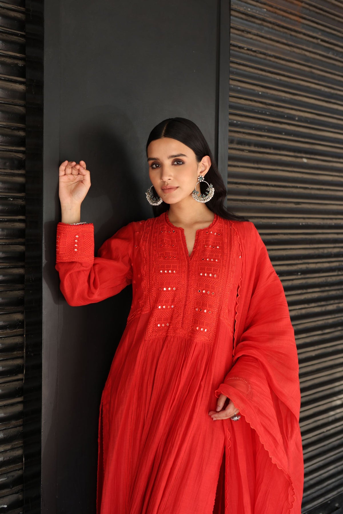 Tomato-Red Embroidered Pure Silk-Cotton Kurta-Pants Set