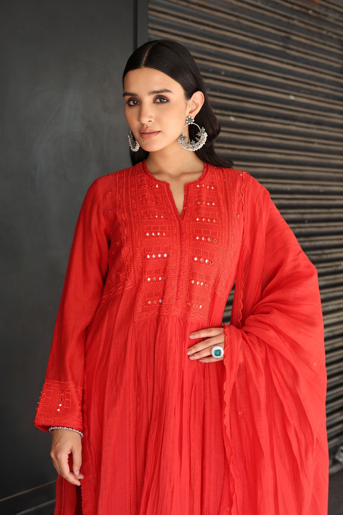 Tomato-Red Embroidered Pure Silk-Cotton Kurta-Pants Set