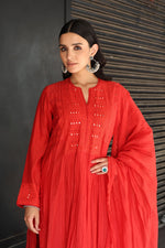 Tomato-Red Embroidered Pure Silk-Cotton Kurta-Pants Set
