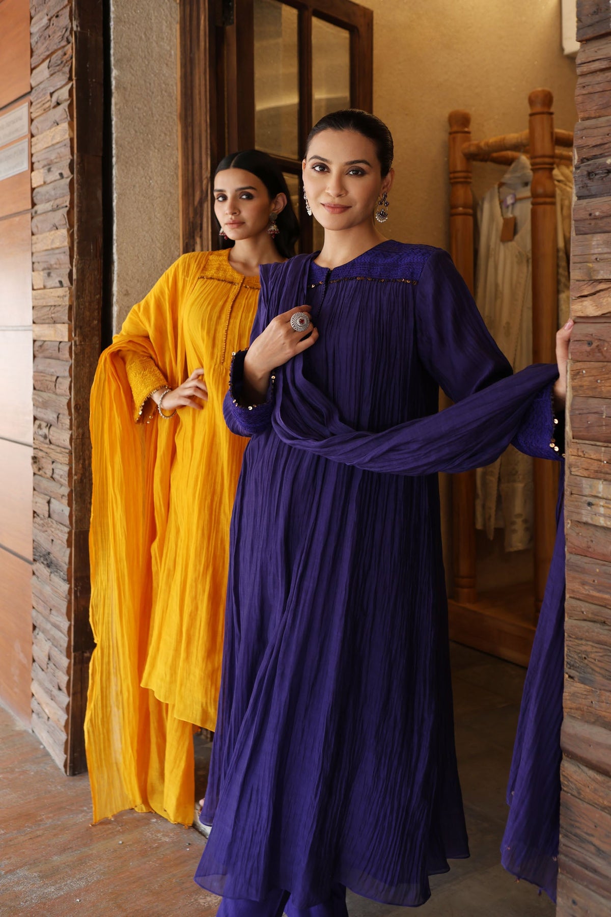 Royal-Blue Embroidered Pure Silk-Cotton Kurta- Pants Set With Hand Embellished Sequins And Front Yoke Gathers