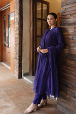 Royal-Blue Embroidered Pure Silk-Cotton Kurta- Pants Set With Hand Embellished Sequins And Front Yoke Gathers