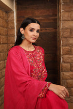 Rani-Pink Pure Linen Short-Kurta Salwar Set With Multicoloured Thread Embroidery