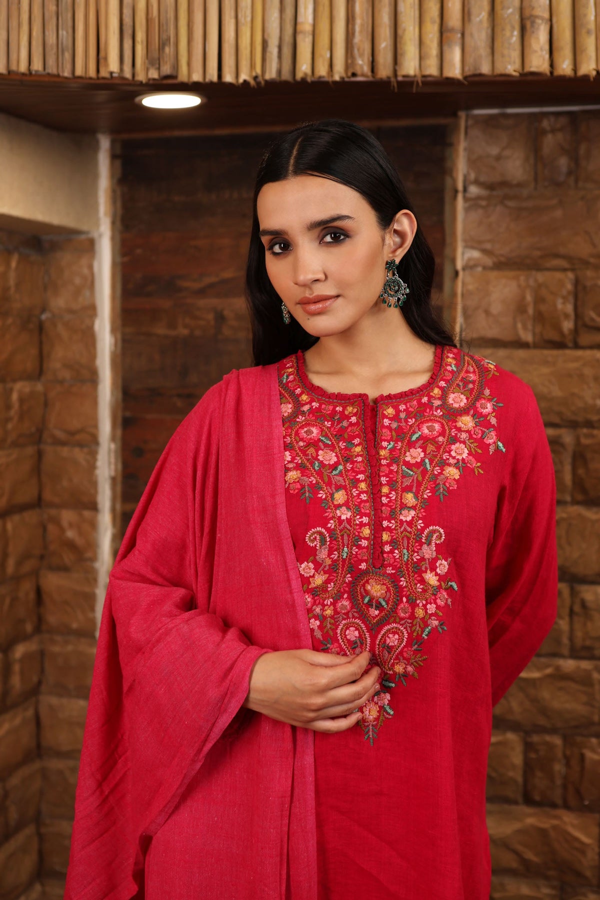 Rani-Pink Pure Linen Short-Kurta Salwar Set With Multicoloured Thread Embroidery