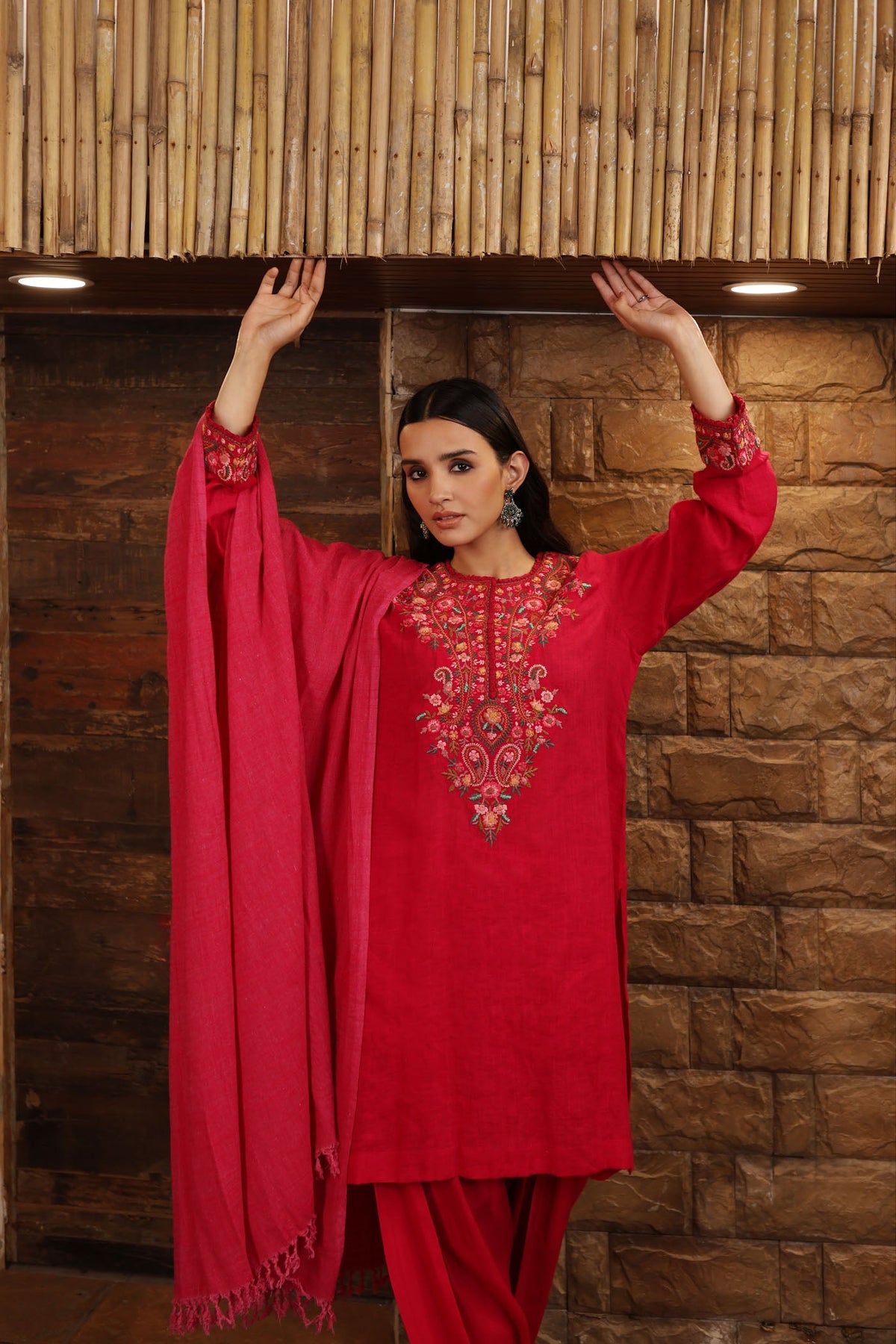 Rani-Pink Pure Linen Short-Kurta Salwar Set With Multicoloured Thread Embroidery