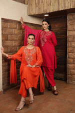 Red-Orange Pure Linen Short-Kurta Salwar Set With Multicoloured Thread Embroidery