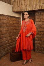Red-Orange Pure Linen Short-Kurta Salwar Set With Multicoloured Thread Embroidery