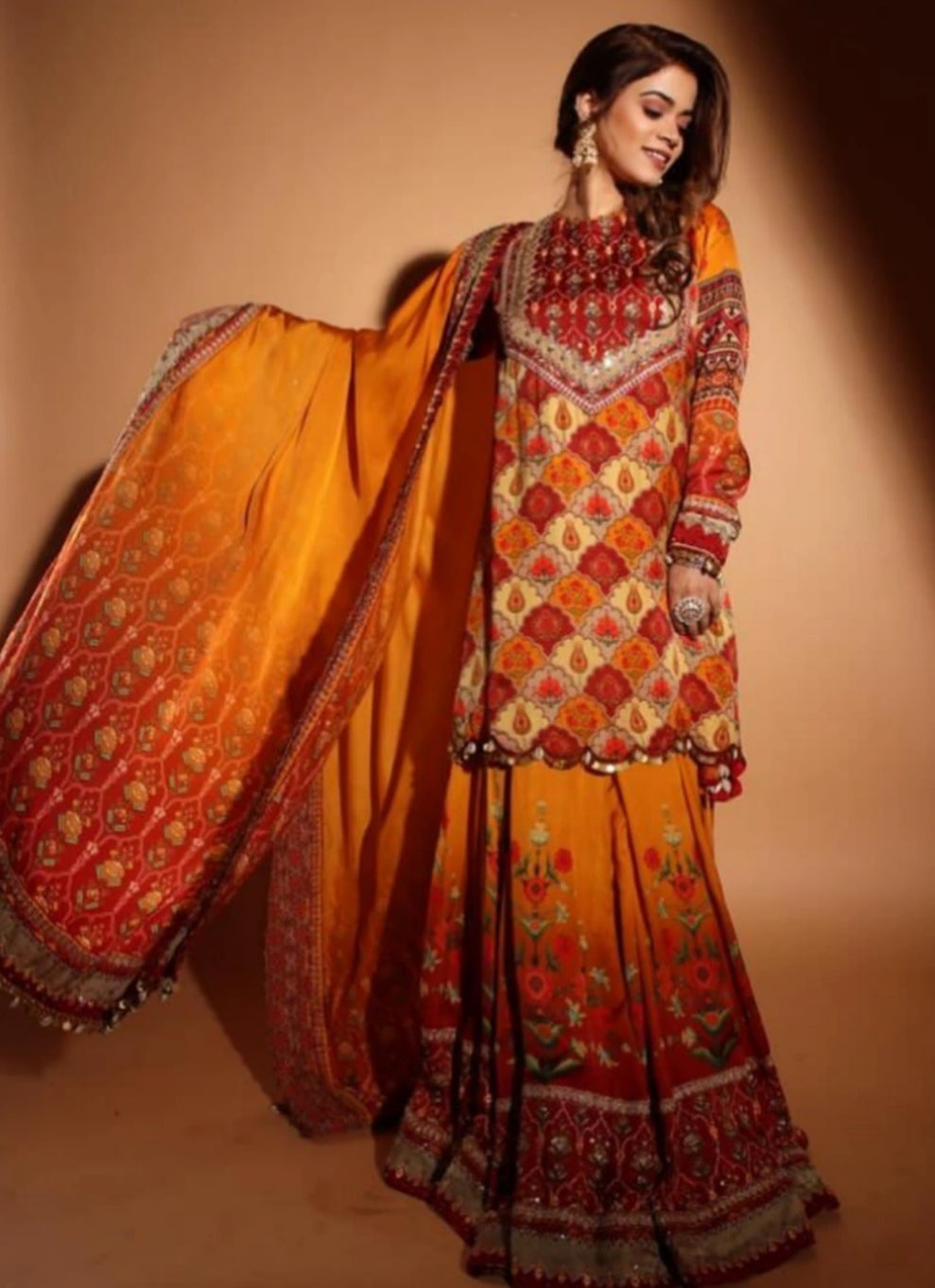 Orange red multi sharara suit