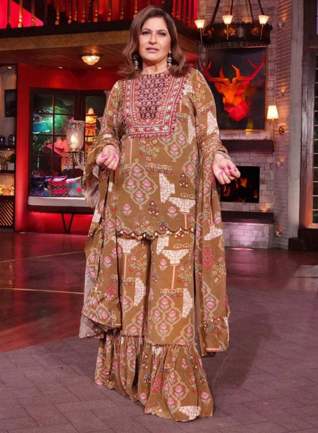 Green short Kurta with flairsleeves & sharara pant with dupatta