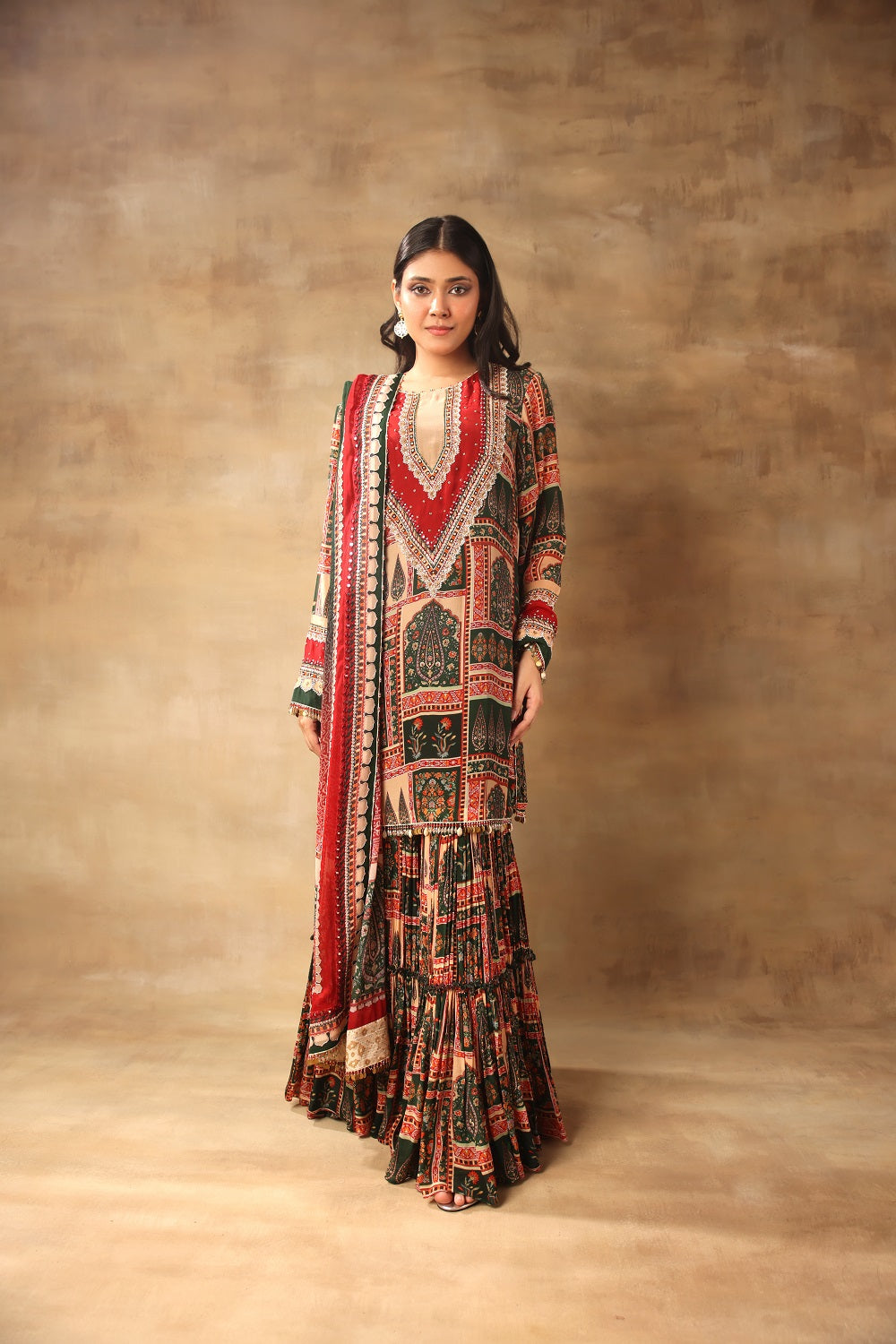 Dark Green ,Red Pleated Sharara Set